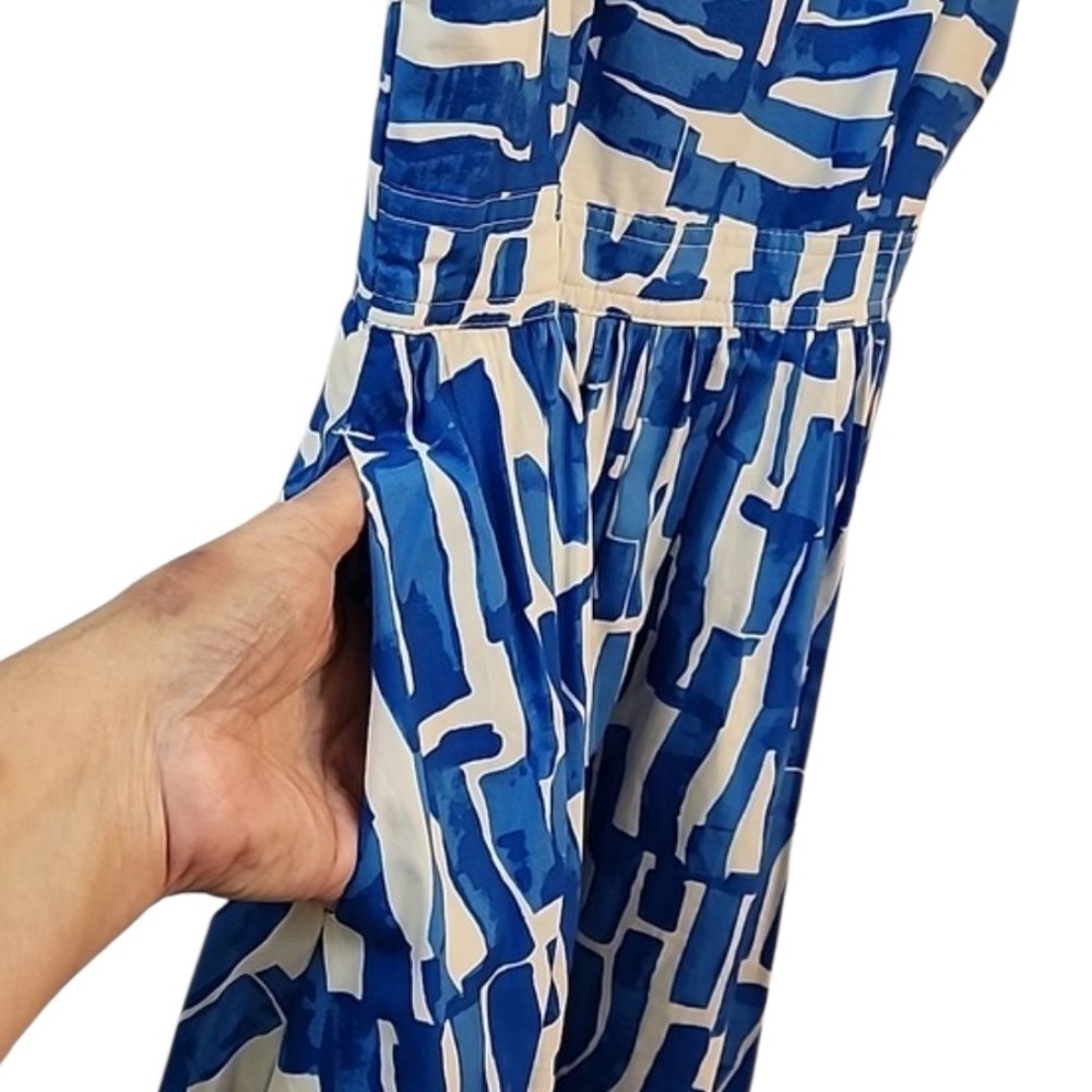 2 for $30 Nine West Midi Dress M Blue Geometric Print Smocked Pockets Vacation - Picture 7 of 11